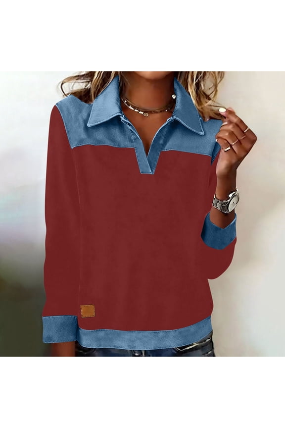 Womens Sweatshirts Tops Patchwork Denim Sweater Pullovers Long Sleeve Splicing Tshirts Blouses Fall Cardigan