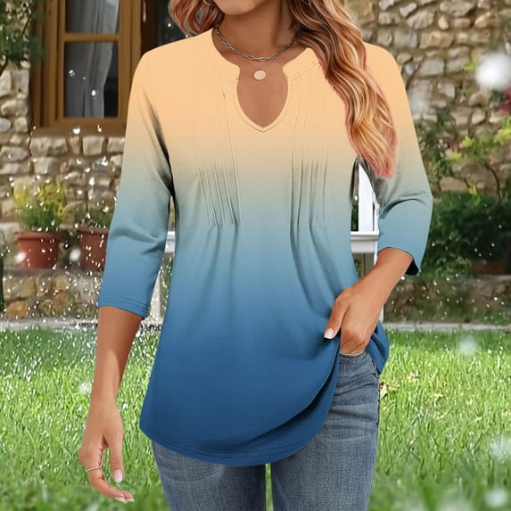 Heisall Womens T-Shirts V-Neck 3/4 Sleeve Striped Pleats Loose Casual Blouses Free-position Print Fashion Tops