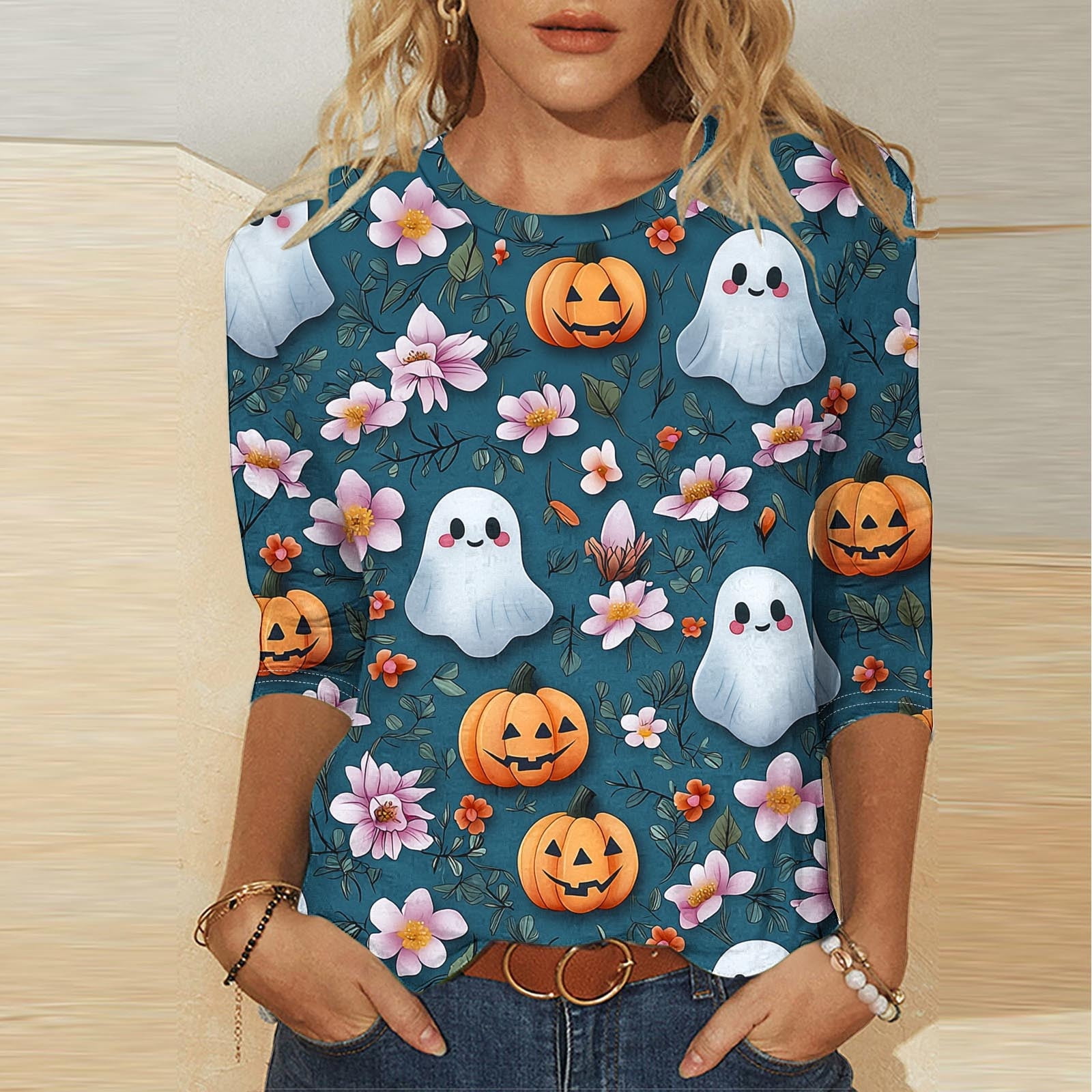 Heisall Womens T-shirts 3/4 Sleeve Round Neck Loose Casual Halloween ...