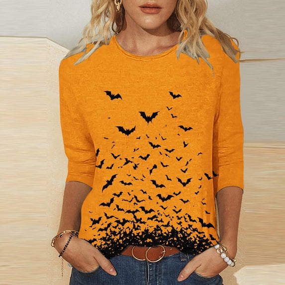 Heisall Womens Tops 2025 Autumn Halloween Fashion Print Round Neck 3/4 Sleeve Loose Casual Shirts Blouses Tshirts