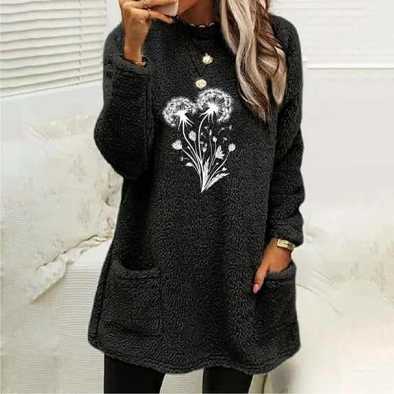 Heisall Womens Tops 2025 Autumn Winter Fleece Round Neck Floral Print Pocket Long Sleeve Thickened Warm Shirts
