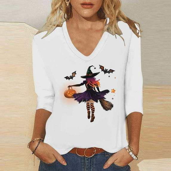 Heisall Womens Tops 2025 Fall Halloween Print V Neck Round Neck 3/4 Sleeve Loose Casual Blouses Halloween Fashion Shirts