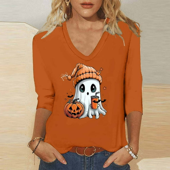 Heisall Womens Tops 2025 Fall Halloween Print V Neck Round Neck 3/4 Sleeve Loose Casual Blouses Halloween Fashion Shirts