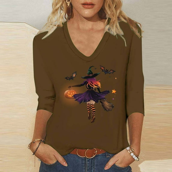 Heisall Womens Tops 2025 Fall Halloween Print V Neck Round Neck 3/4 Sleeve Loose Casual Blouses Halloween Fashion Shirts