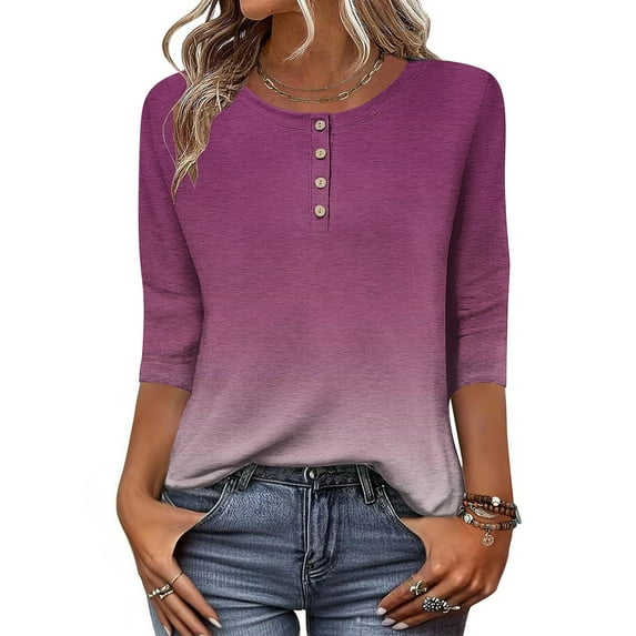Heisall Womens Tops 3/4 Length Sleeve T Shirts Dressy Casual Button Down Blouses Spring Fall Clothes