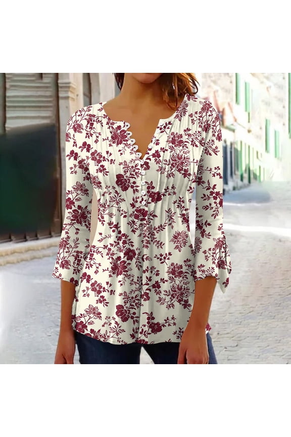 Womens Tops 3/4 Sleeve Flared Blouses V-Neck Pleated Cinched Waist Casual Shirts Floral Print Button Detail
