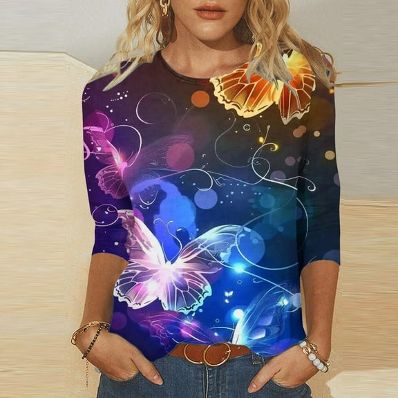 Heisall Womens Tops 3/4 Sleeve Round Neck Loose Casual Glow Print Tshirts