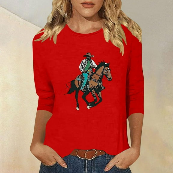 Heisall Womens Tops 3/4 Sleeve Shirts Round Neck Loose Casual Western Style Print Blouses Tshirts
