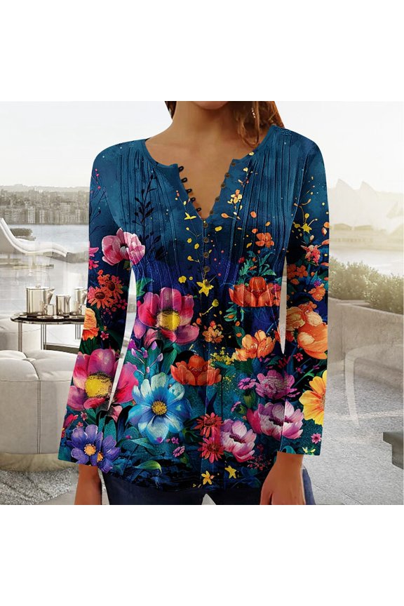 Womens Tops Dressy Casual Pleated Button Neck Summer Blouses 3/4 Flared Sleeve Fall Shirts