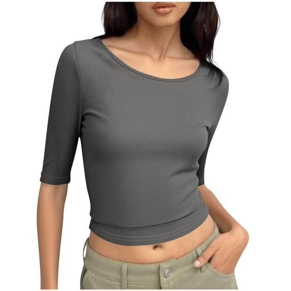 Heisall Womens Tops Half Sleeve Round Neck Solid Color Casual Tshirts