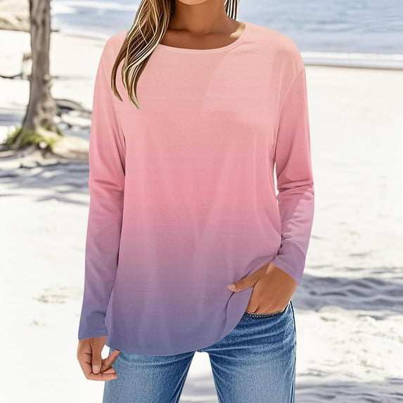 Heisall Womens Tops Long Sleeve Round Neck Gradient Print Casual Tshirts