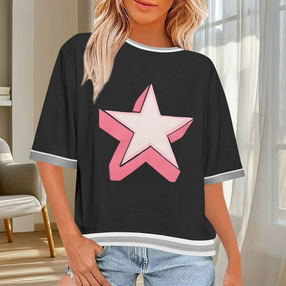 Heisall Womens Tops Short Sleeve Round Neck Loose Casual Star Print Tshirts Fashion