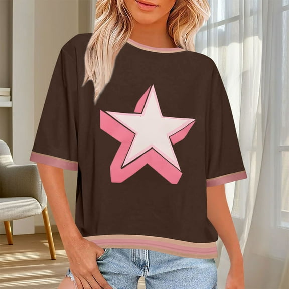 Heisall Womens Tops Short Sleeve Round Neck Loose Casual Star Print Tshirts Fashion