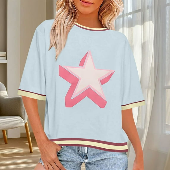 Heisall Womens Tops Short Sleeve Round Neck Loose Casual Star Print Tshirts Fashion