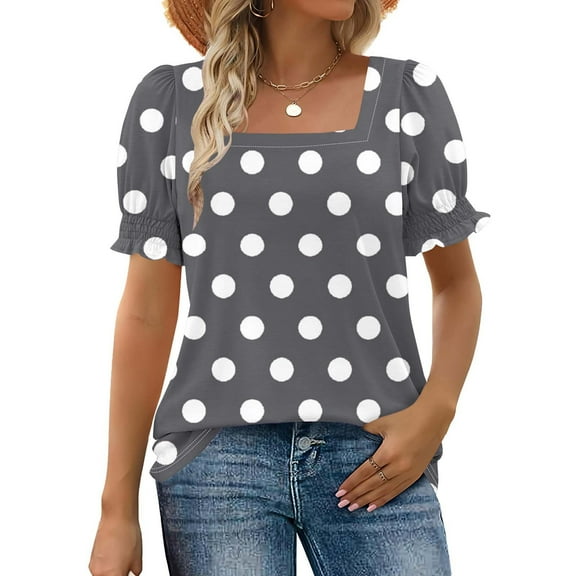 Heisall Womens Tops Short Sleeve Square Neck Casual Blouses Polka Dot Print Lace Trim Fashion Tshirts