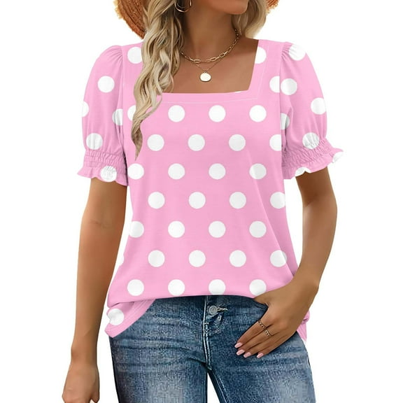 Heisall Womens Tops Short Sleeve Square Neck Casual Blouses Polka Dot Print Lace Trim Fashion Tshirts