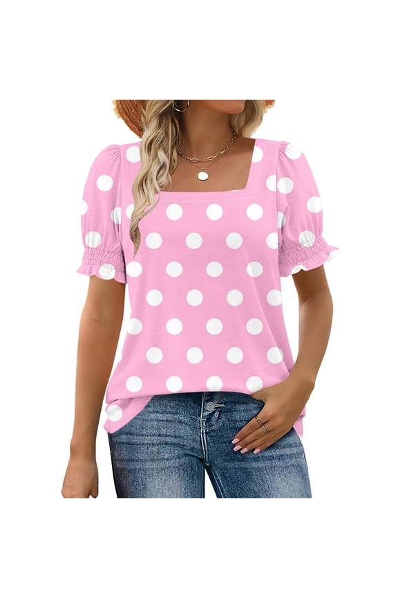 Womens Tops Short Sleeve Square Neck Casual Blouses Polka Dot Print Lace Trim Fashion Tshirts