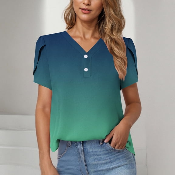 Heisall Womens Tops Short Sleeve V-Neck Button Casual Blouses Gradient Print Fashion