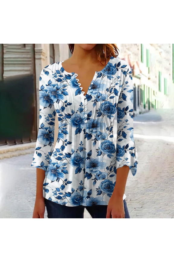 Womens Tops V Neck 3/4 Flared Sleeve Pleated Waist Tie Floral Print Casual Blouses with Button Front