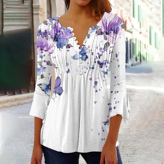 Heisall Womens Tops V Neck 3/4 Lace Sleeve Ruffled Button Detail Casual Print Blouses