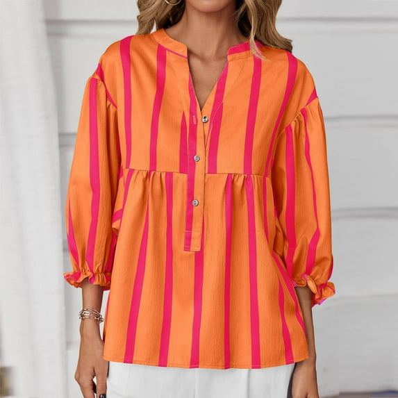 Heisall Womens Tops V-Neck 3/4 Sleeve Striped Pleated Pullover Blouses with Button Detail Casual Fashion