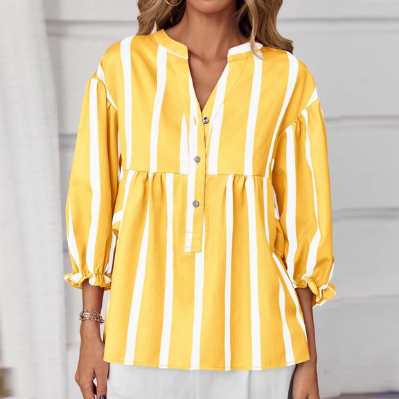 Heisall Womens Tops V-Neck 3/4 Sleeve Striped Pleated Pullover Blouses with Button Detail Casual Fashion