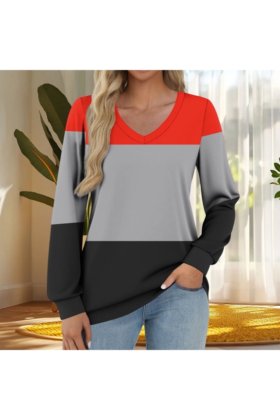 Womens Tops V-Neck Long Sleeve Tshirts Loose Casual Color Blocking Fashion