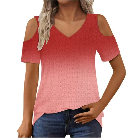 Heisall Womens Tops V-Neck Round Jacquard Gradient Color Loose Comfort Short Sleeve Off-Shoulder Tshirts Fashion Style
