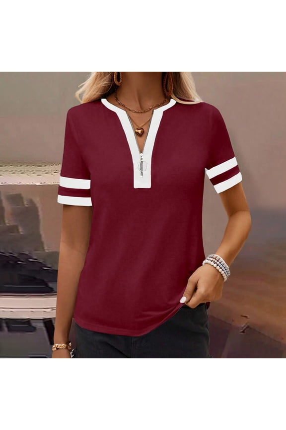 Womens Tops V Neck Short Sleeve Zip-Up Solid Color Contrast Casual Blouses