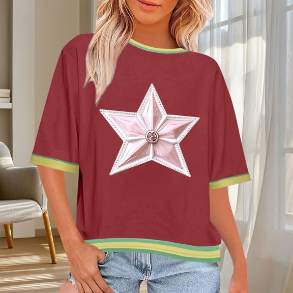 Heisall Womens Tshirts Half Sleeve Round Neck Loose Casual Star Print Fashion