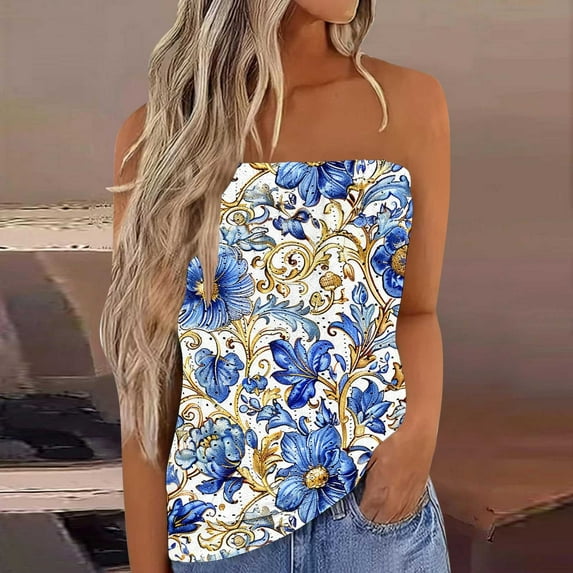 Heisall Womens Tube Tops Strapless Sleeveless Casual Summer Floral Print Bandeau Tops