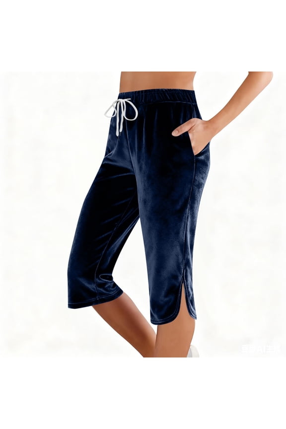Womens Velvet Capri Pants Drawstring Waisted Slit Bottom Fashion Capri Trousers Casual Comfy Athletic Cropped Pants