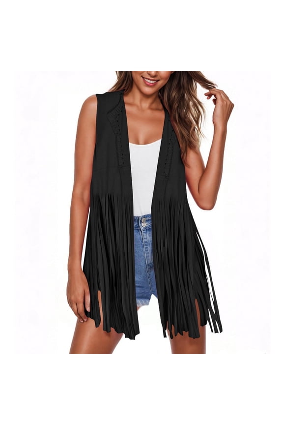Womens Vests Suede Buttonless Mid-Length Fringe Woven Casual Jacket Coats