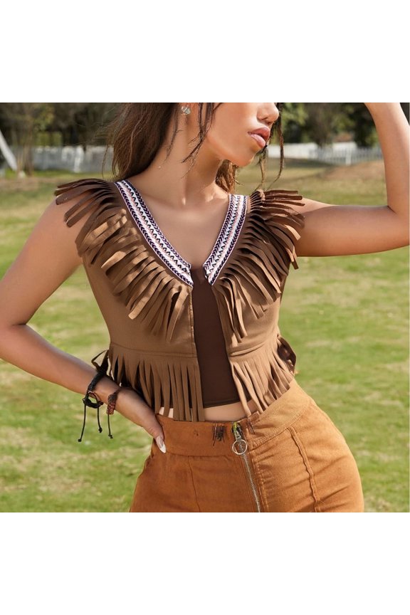 Womens Vests Suede Mid-Length Buttonless Fringe Solid Color Elegant Casual Jacket