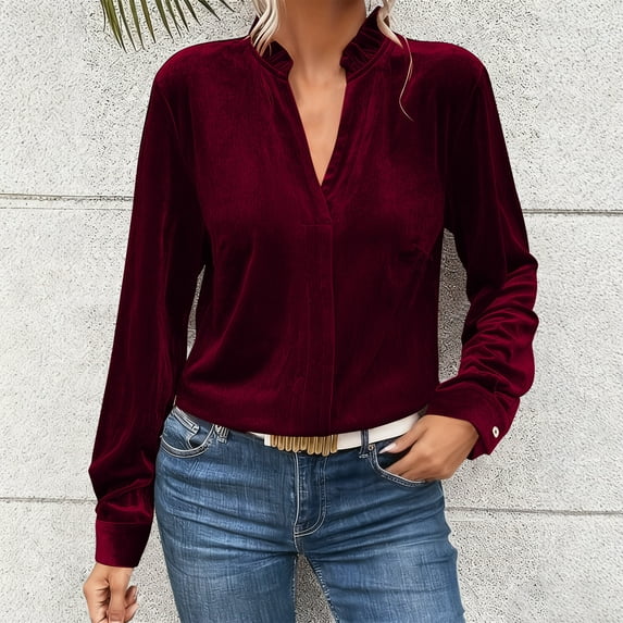 Heisall Womens Vintage Velvet Top Winter Fall Dressy Casual Long Sleeve Ruffle Hem V Neck Half Button Down Shirt Blouse