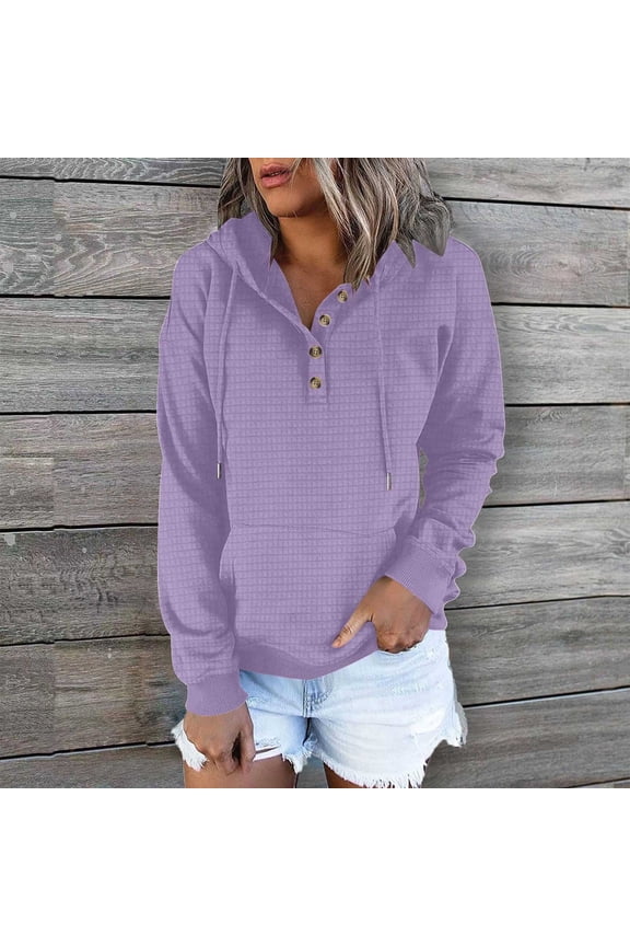 Womens Waffle Knit Hoodies Casual Long Sleeve Drawstring Pullover Loose Half Button Hooded Sweatshirt Fall Sweater