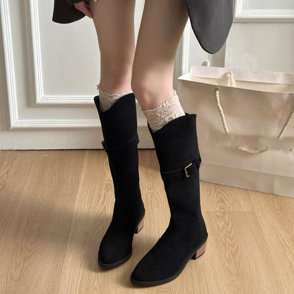 Heisall Womens Western Boots Multi-color Suede Chunky Heel Comfortable Mid-Calf Ankle Boots Autumn Winter Edgy Stylish Casual
