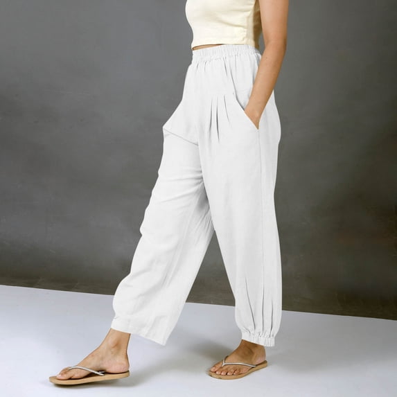 Heisall Womens Wide Leg Pants Cotton Linen Barrel Pants Elastic Waisted Lounge Trousers with Pockets
