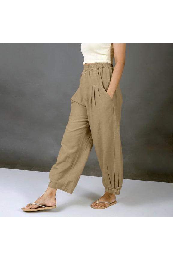 Womens Wide Leg Pants Cotton Linen Barrel Pants Elastic Waisted Lounge Trousers with Pockets