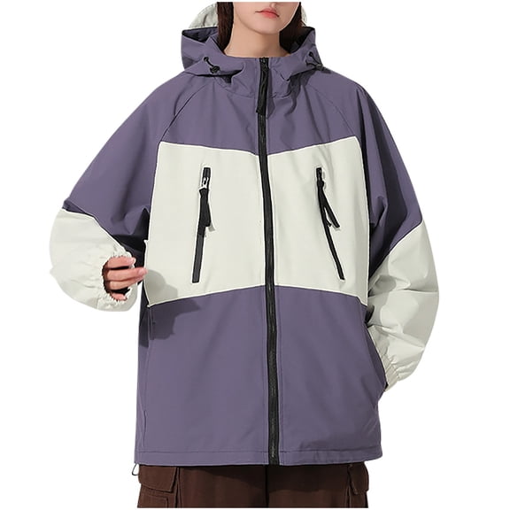 Heisall Womens Windproof Waterproof Windbreakers Solid Color Contrast Long Sleeve Hooded Casual Outdoor Jackets