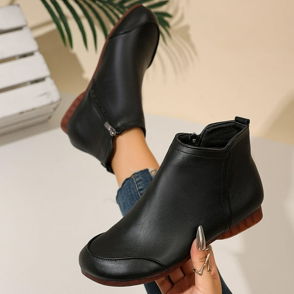 Heisall Womens Winter Ankle Boots Fashion Casual Comfort Solid Color Round Toe Side Zipper Flat Heel Shoes
