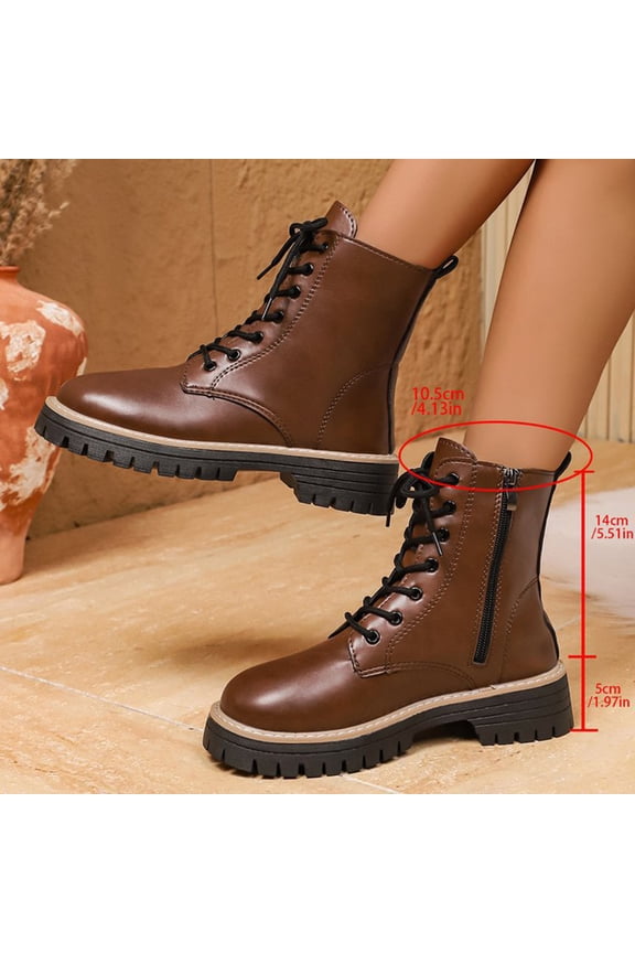 Womens Winter Casual Ankle Boots Round Toe Side Zipper Front Lace-Up Solid Color Chunky Low Heel Fashion Style