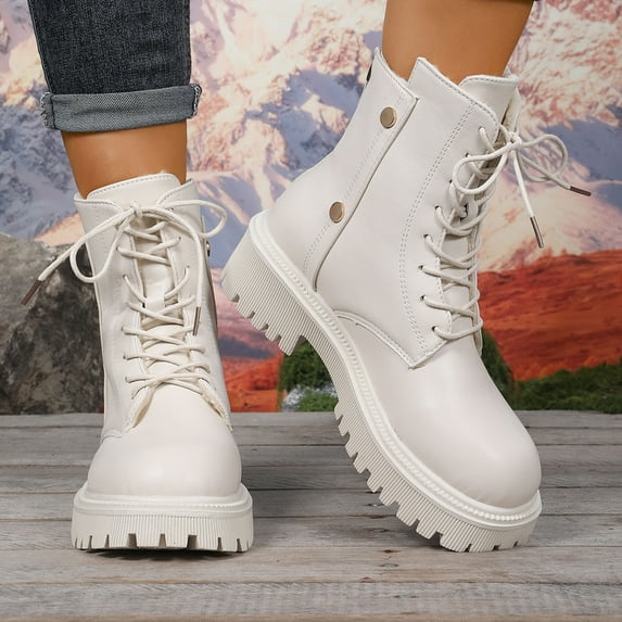 Heisall Womens Winter Casual Fashion Boots High Top Flat Sole Slip-Resistant Lace-Up Lined Warm Short Boots British Style