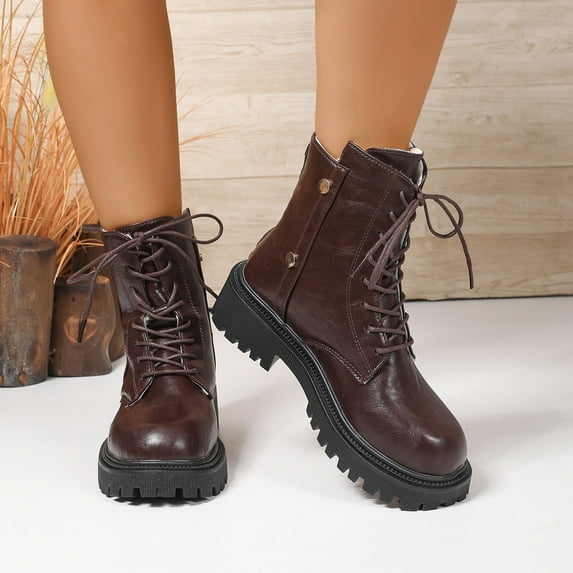 Heisall Womens Winter Casual Fashion Boots High Top Flat Sole Slip-Resistant Lace-Up Lined Warm Short Boots British Style