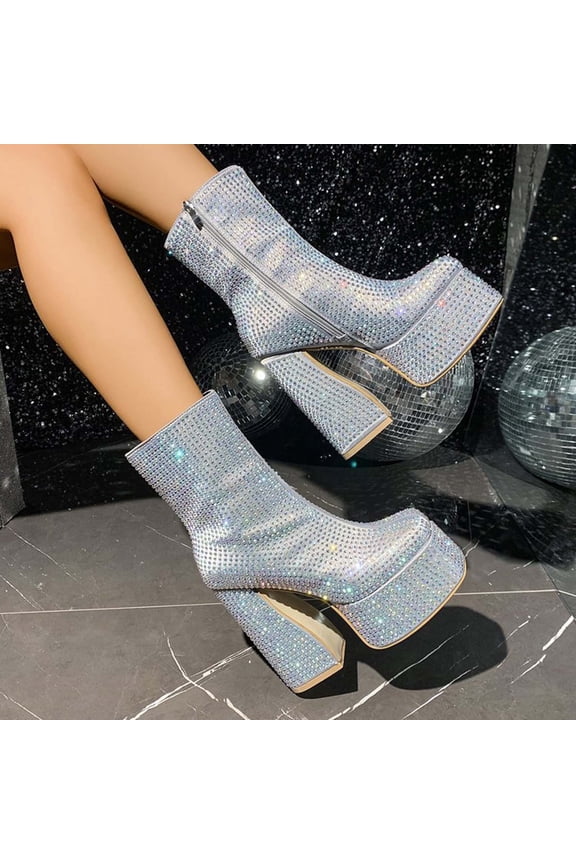 Womens Winter Casual High Heel Boots High Top Waterproof Full Rhinestone Fashion Show Style