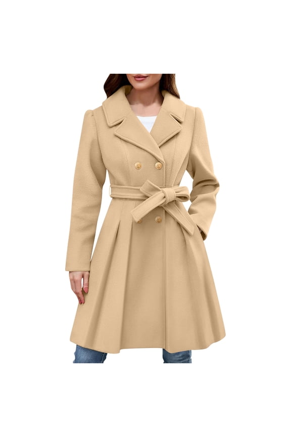 Womens Winter Coats Notched Collar Double Breasted Button A-line Gathered Wool Blend Outerwear Casual Style