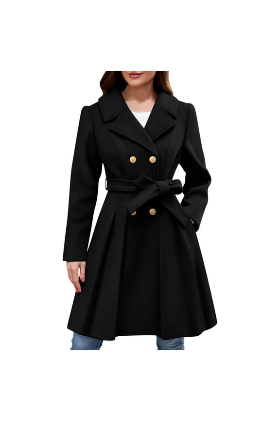 Womens Winter Coats Notched Collar Double Breasted Button A-line Gathered Wool Blend Outerwear Casual Style