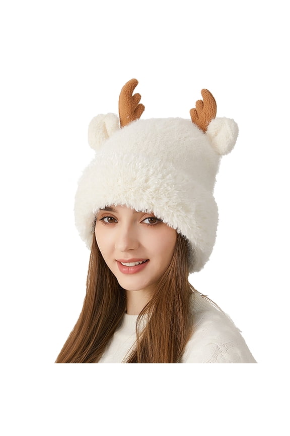 Womens Winter Knit Hat with Cute Reindeer Antlers and Thickened Ear Protection, Fleece Lined Beanie for Cold Weather, Casual Festive Style