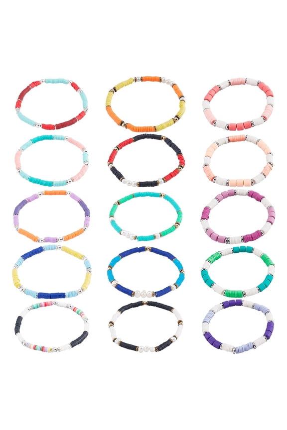 Heishi Bracelet 15 Styles Clay Disc Bracelet Polymer Clay Beaded Bracelet Surfer Stretch Cord Bracelets Rainbow Vinyl Disc Bead Bracelet Bohemia Beaded Bracelet Summer Vacation Jewelry