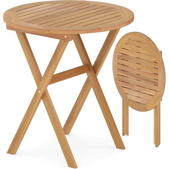 Hejuchuangli 26-Inch Acacia Wood Outdoor Dining Table, Folding Round Patio Bistro Table with Slatted Tabletop & X-Shaped Frame, Outside Dining Table for Porch, Garden, Backyard, Poolside